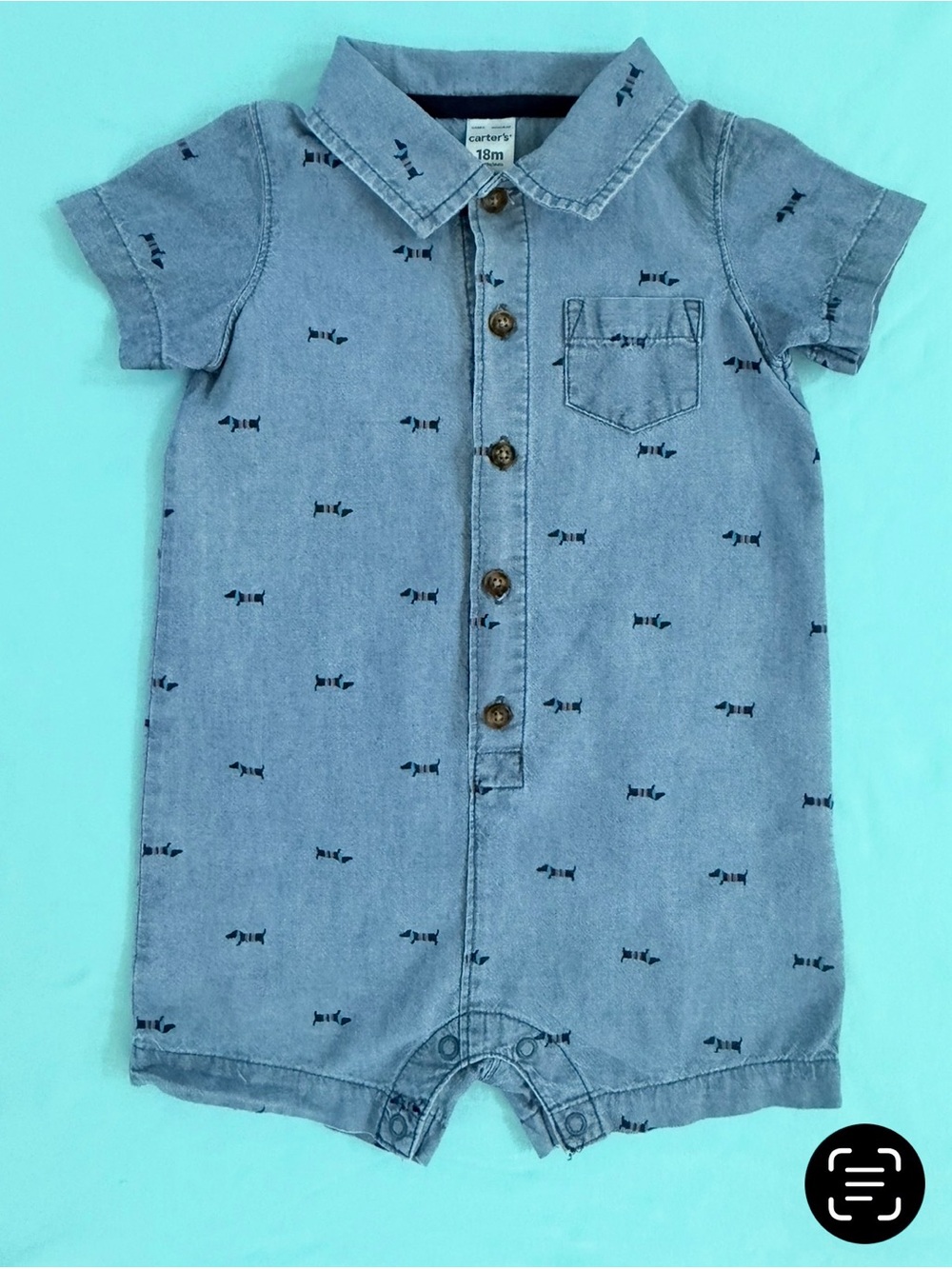Carter's Light Blue Denim-Look Baby Romper with Fish Print Sz 18 Months
